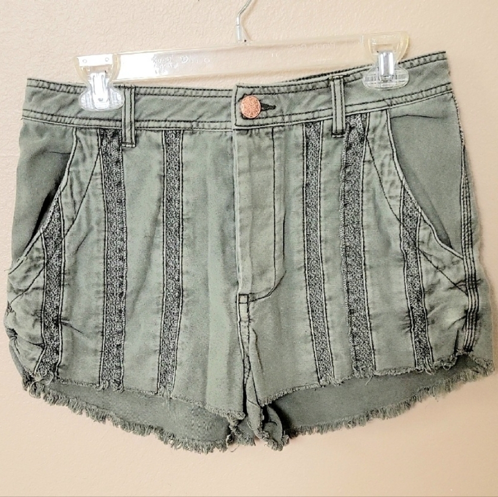 Free People Olive Green Moss Great Expectations Lace Boho Casual Denim Shorts